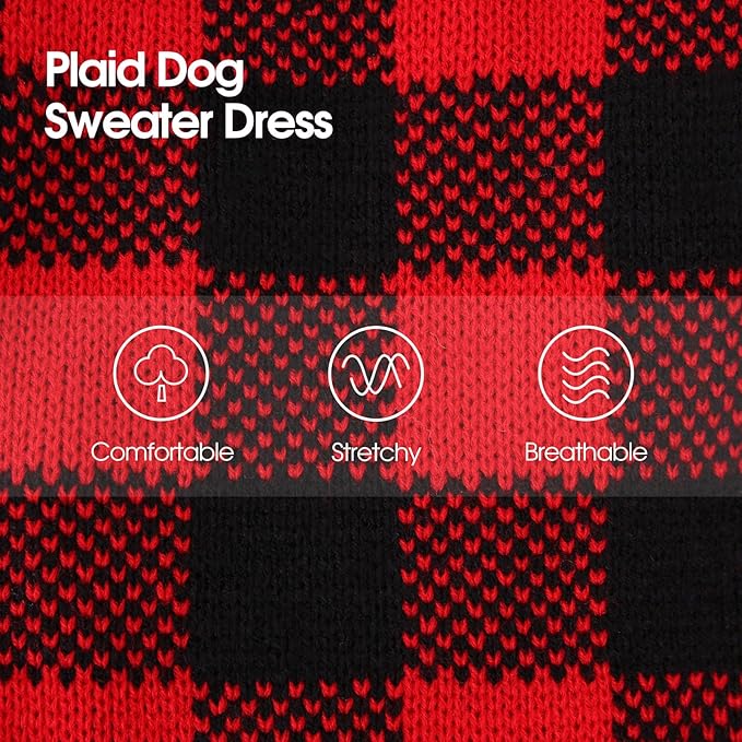 Dog Sweater Dress Plaid Knitwear for Small Medium Dogs Warm Puppy Pet Turtleneck Stretch Pullover Cute Fall Winter Vest Clothes with Leash Hole for Christmas (Red, L)