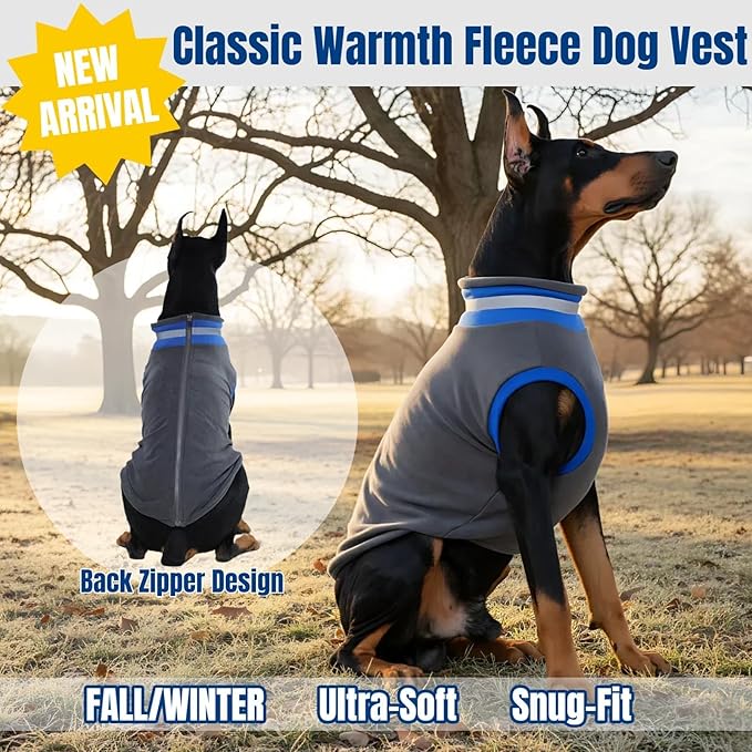 Winter Classic Warmth & Windproof Turtleneck Vest Fleece Dog Sweater, Lightweight & Ultra-Soft Coat for Large Dogs with Back-Zipper, Thermal Doggie Vests Clothes with Reflective Strips(Grey, 2XL)
