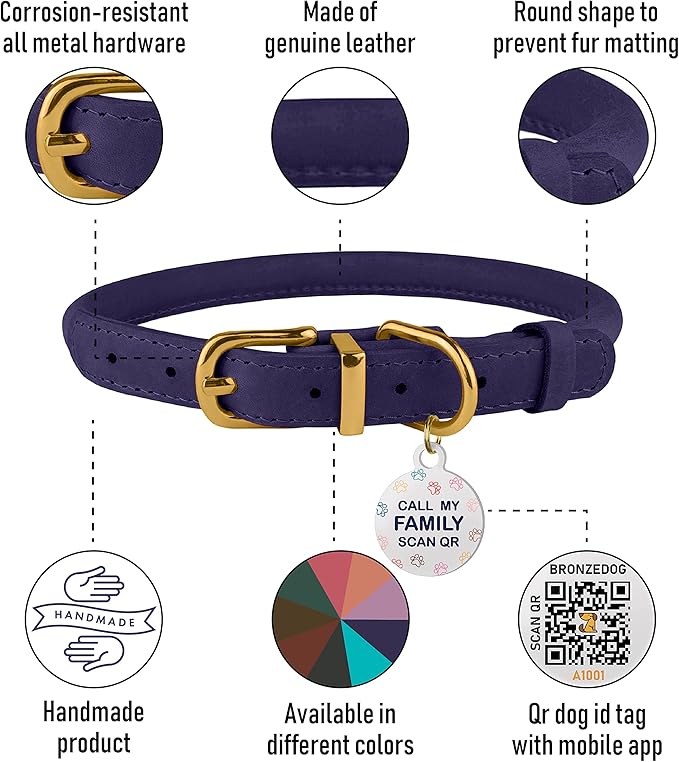 BronzeDog Rolled Leather Dog Collar with QR ID Tag, Adjustable Soft Round Collars for Small Medium Large Dogs Puppy (11" - 14 1/2" Neck Size, Violet)