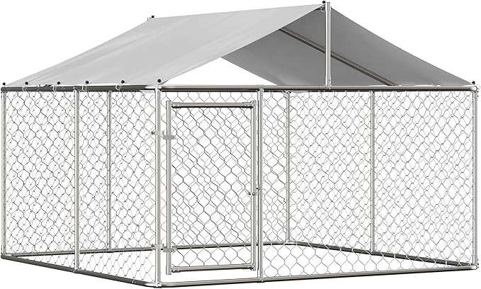 Outdoor Dog Enclosure Heavy Duty Dog Kennel House Mesh Outside Galvanized Chain Link Dog Run with Roof,Dog Cage Large Dogs Dog Pen Pet Kennel W/Waterproof Anti-UV Cover&Secure Lock for Large Dog