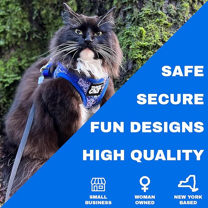 Travel Cat Harness and Leash Set - Adjustable Fit Mesh Cat Harness and Reflective Strap - Comfort Walking Vest for Kitten for Outdoor Walking, Hiking (Large, Groovy)