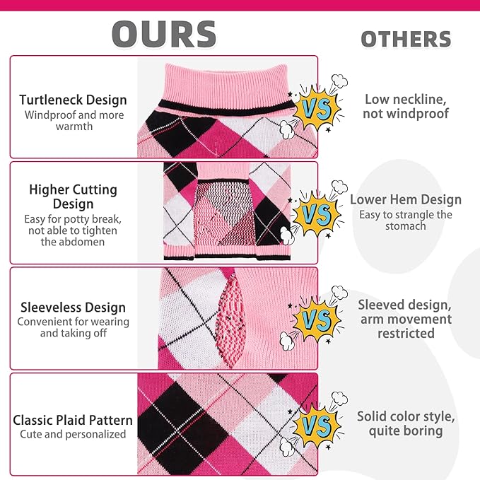 KOOLTAIL Dog Sweater Pet Knitted Clothes - Classic Plaid Pull Over Turtleneck Dog Sweaters with Leash Hole Warm Dogs Winter Clothing for Small Medium Dogs Cats Puppy ML
