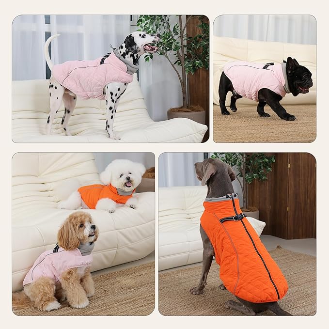 Dog Coat with Harness Built in -Orange,Medium- Fleece Lined Dog Snow Jacket Snowsuit，Adjustable Reflective Winter Warm Cold Weather Coat
