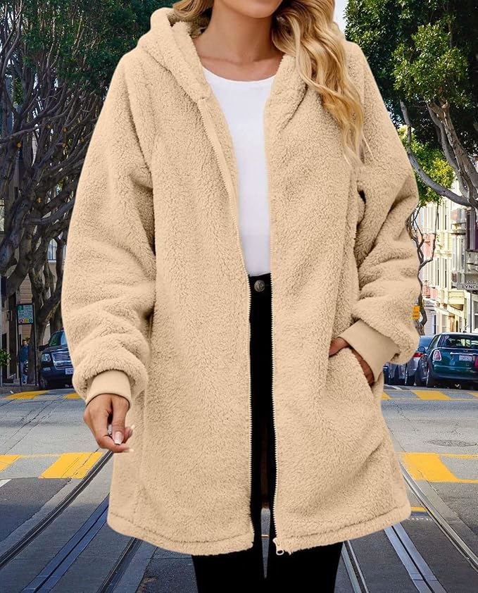 LIZALIG Women's Oversized Fleece Jacket Hooded Zip-Up Cardigan Coat with Pockets Warm Winter Casual Wear for Vacation
