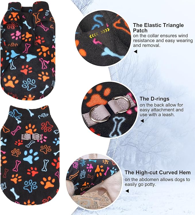 BEAUTYZOO Small Dog Sweater Fleece Vest Winter Jacket, D-Ring Leash Attachment for XS S Puppy Medium Sized Breeds Dogs, Cold Weather Dog Clothes Windproof Keep Warm, Black Bones Paw XL