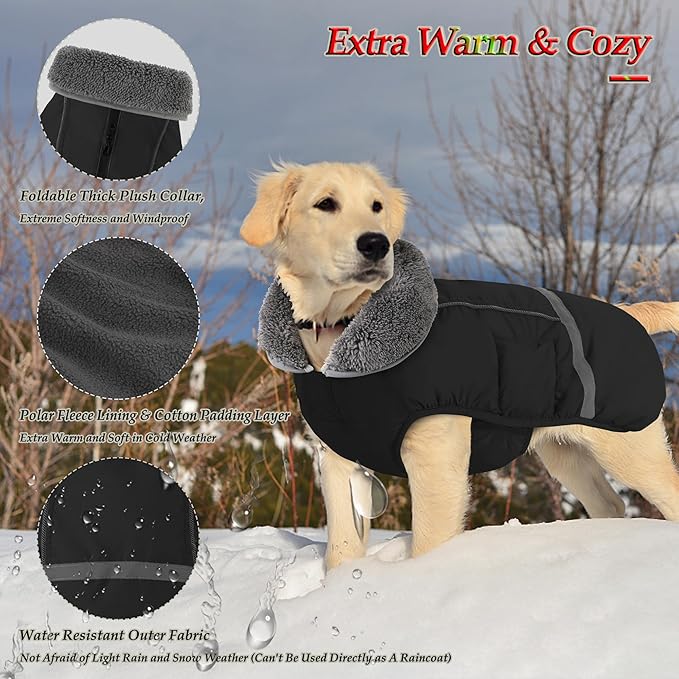 Dogcheer Warm Dog Coat, Waterproof Dog Jacket Christmas Puppy Winter Coat with Buckle, Reflective Adjustable Pet Snow Jacket Turtleneck Fleece Sweater for Small Medium Large Dogs - Black, S