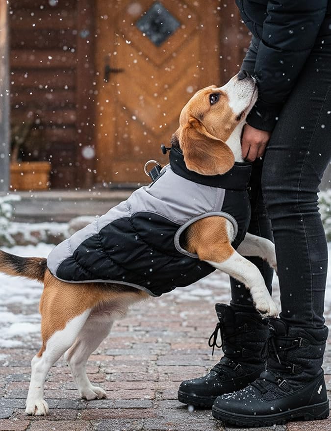 AURUZA Dog Coat, Warm Dog Winter Coat Waterproof Small Dogs Jacket with Harness Built Reflective Pet Vest with Zipper for Medium Dogs Windproof Pet Fleece Vest Snow Jacket for Cold Weather（Black,3XL）