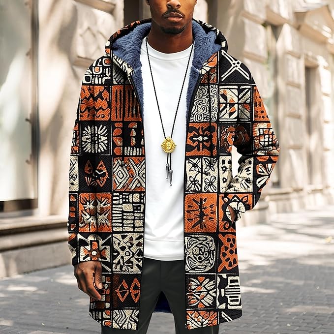 Mens Long Cardigan Hoodies Full Zip Fleece Lined Jackets Fashion Knitted Color Block Hooded Coat with Pockets