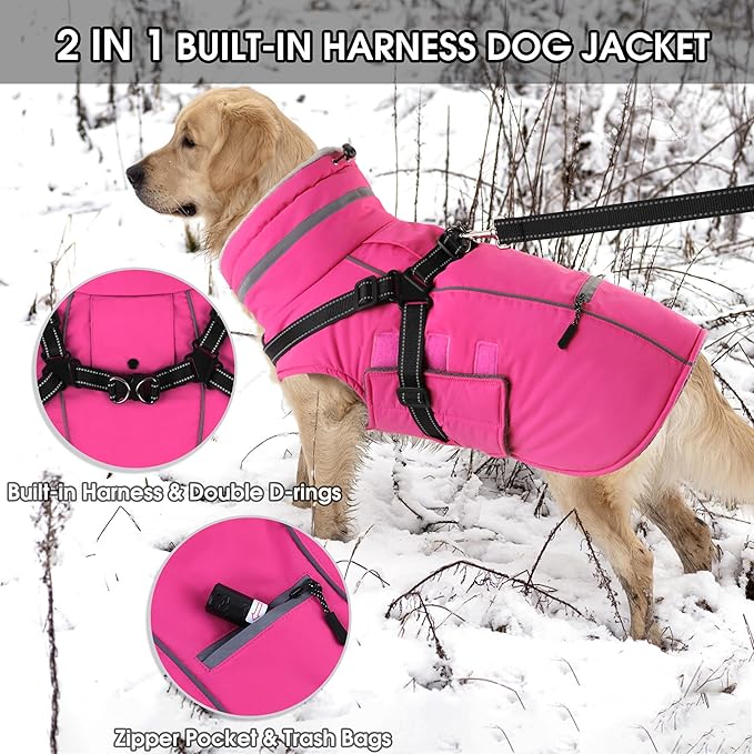 PETDSH Dog Coat Large, Built-in Harness Dog Jacket with Warm Fleece Lining, Waterproof Reflective Dogs Winter Coat, Pet Coats with Pocket and Trash Bags (Pink, Large)