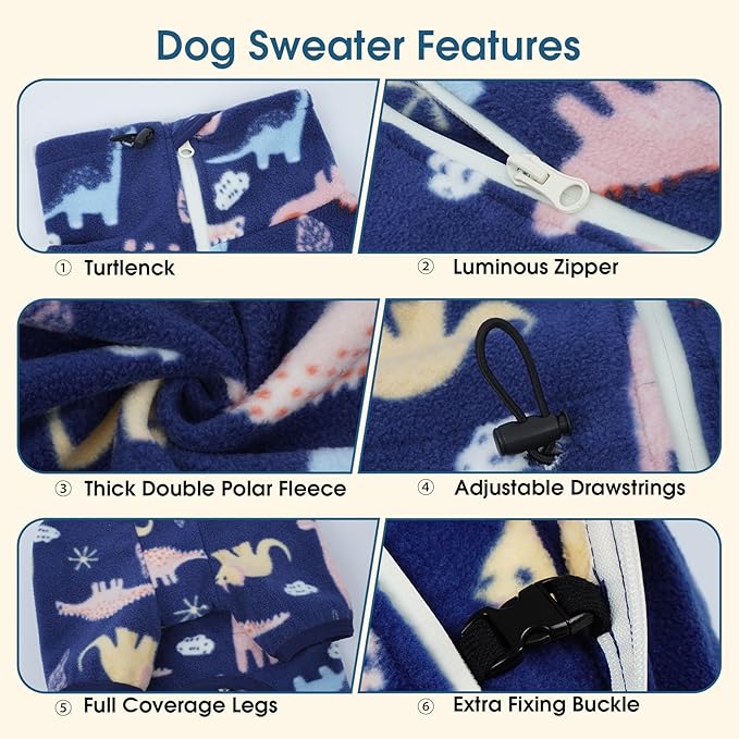 ROZKITCH Dog Fleece Jacket Soft Fleece Pullover Pajamas, Pet Windproof Warm Cold Weather Jacket Vest with Reflective Zipper, Jumpsuit Apparel Outfit Clothes for Extra Large Dog Dinosaur 4XL