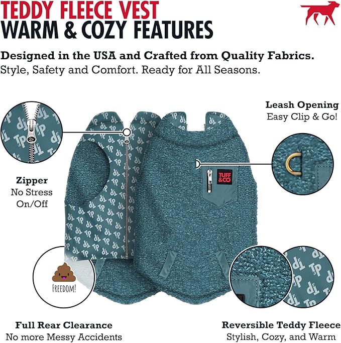 Tuff Pupper Reversible Fleece Sweater Vest for Dogs | Lightweight Comfortable Insulated Jacket | Front Zip Closure | Machine Washable | Built-in Leash Hole | Sizes for All Breeds (Small, Teal)