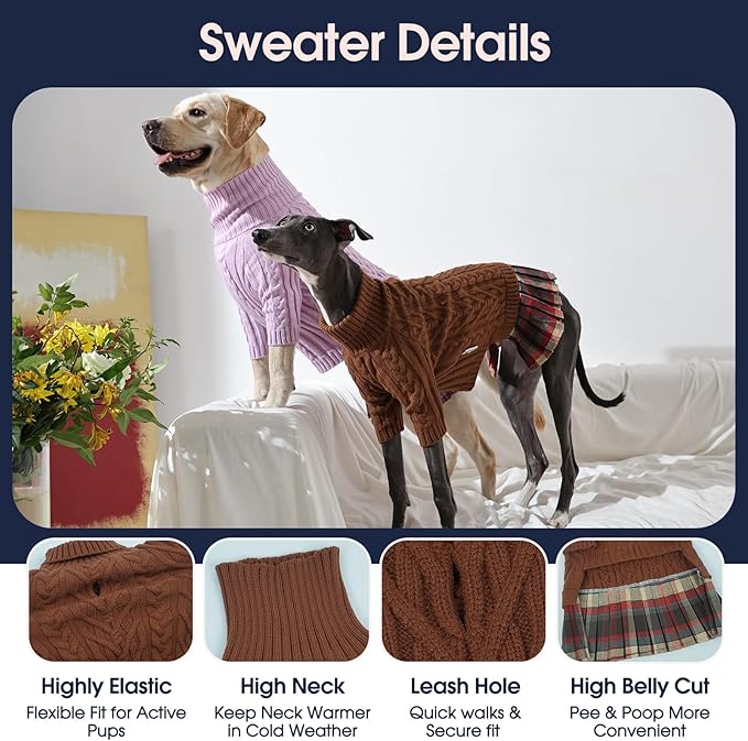 IECOii Girl Dog Sweater Dress, Great Dane Sweaters for Girl Dogs, Caramel,5XL, Extra Large Dog Sweater for Female Dogs Pet Winter Dress for Giant Breeds - Xmas Turtleneck Knitwear for Cold Weather