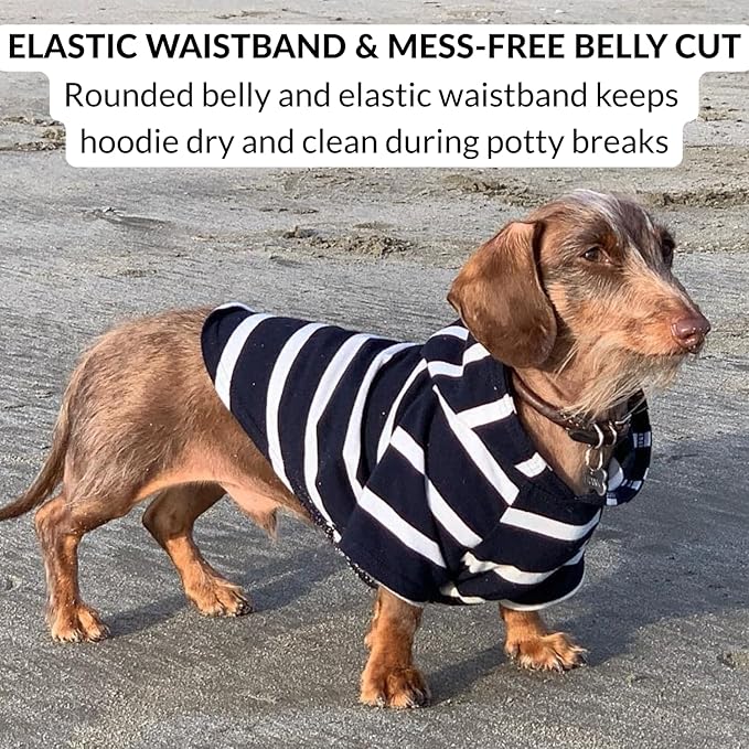 DJANGO Dog Hoodie – Warm, Lightweight, Soft & Stretchy Dog Sweater with Hood, Harness Hole & Elastic Waistband – Cozy Sweatshirt for Small Dogs up to 25 lbs, Dachshunds & Puppies – Navy Blue, X-Small