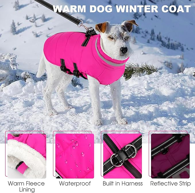 Small Dog Coat with Harness Built-in, Waterproof Reflective Fleece Lined - Warm Windproof Winter Jacket with Back Zipper, Cold Weather Snow Dog Coats - Pink - S