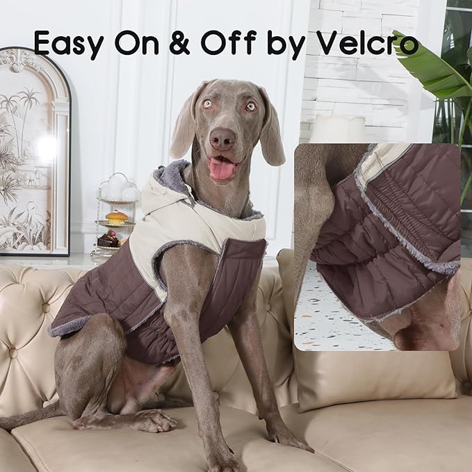 Detachable Hooded Dog Coat with Harness for Large Dogs,Super Warm Fleece Puppy Jacket for Cold Winter Doggie Coats,Brown XXL
