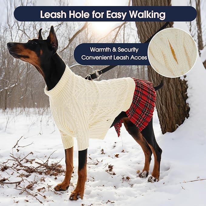 IECOii XL Dog Sweater Dress for Large Dogs Girl, Cable Knit Winter Dress for Female Dogs, Beige,XLarge, Soft Girl Dog Sweater with Tartan Plaid Skirt Cute Turtleneck Knitwear for Cold Weather