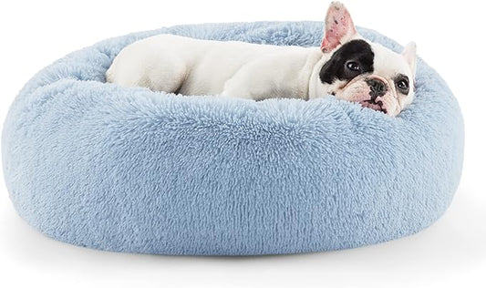 Bedsure Calming Dog Bed for Small Dogs - Donut Washable Small Pet Bed, Round Anti-Slip Fluffy Plush Faux Fur Large Cat Bed, Fits up to 25 lbs Pets, Light Blue, 23 inches