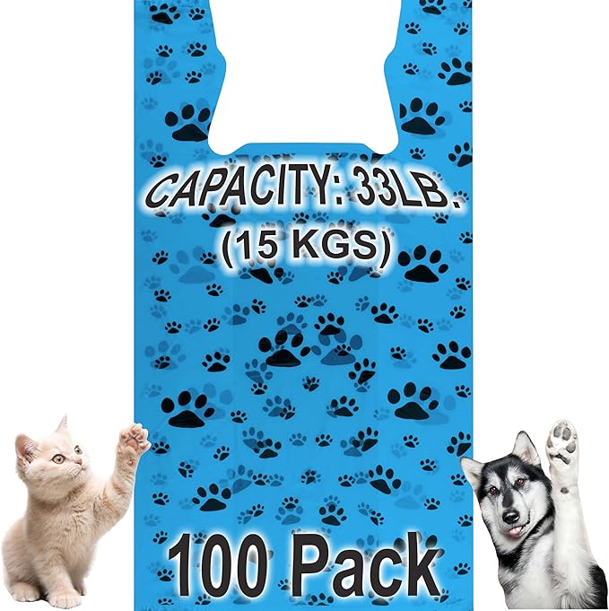 T-Shirt Bags – Paw Print Design Blue Color - 100 Pack - Thank You & Shopping Bags - Cat or Dog - 22" L x 12" W x 7" Plastic (Blue, 100)