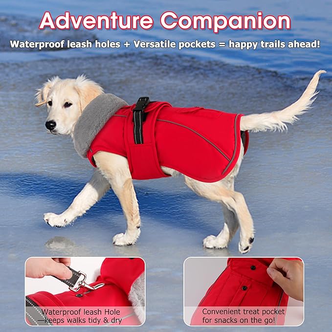 Dogcheer Dog Coat with Pocket, Waterproof Dog Jacket with Adjustable Buckle, Reflective Puppy Winter Coat Warm Turtleneck Fleece SnowJacket for Small Medium Large Dogs - Red 2XL