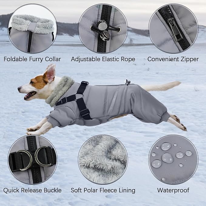 BRKURLEG Grey Dog Winter Coat, Cozy Winter Dog Jackets, Small Medium Dogs Coat with Harness, Onesie Body Warm Puppy Christmas Jacket, Pet Cold Weather Jackets, Puppy Four-Legged Puffer Coats, XXL