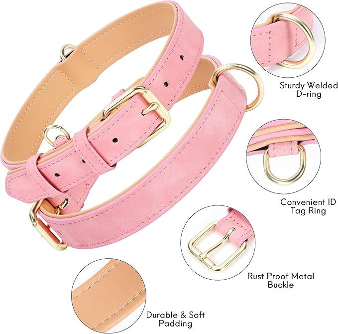 Leather Dog Collar for Large Dogs, Soft Padded Dog Leather Collar with Heavy Duty Gold Buckle, Durable & Comfortable, Pink, L