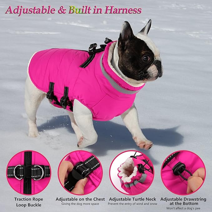 Dogcheer Dog Coat, Waterproof Dog Jacket with Harness, Reflective Adjustable Puppy Winter Coat with Zipper, Christmas Pet Snow Jacket Clothes for Small Medium Large Dogs - Pink XL