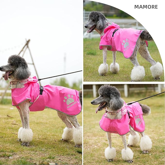 MAMORE Dog Raincoat Hooded Rain Jacket for Small Medium Large Dogs Slicker Poncho Bottom Waterproof Adjustable Reflective Breathable Leash Hole (Pink, XXX-Large)