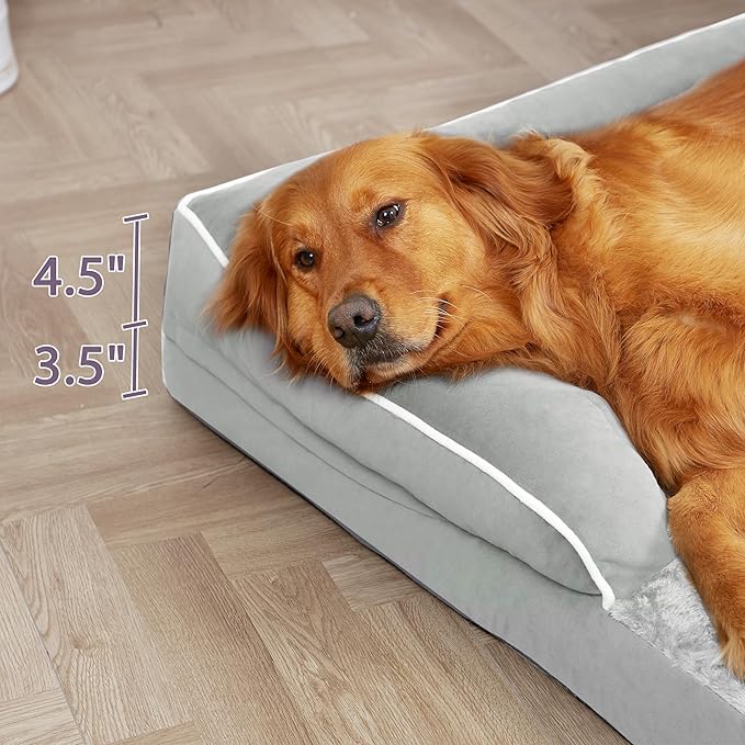 Orthopedic Dog Beds for Large Sized Dogs, Waterproof Egg Crate Foam Large Dog Couch Beds with Comfy Bolster 36x27Inch, Washable Pet Beds with Removable Cover and Nonskid Bottom, Grey White