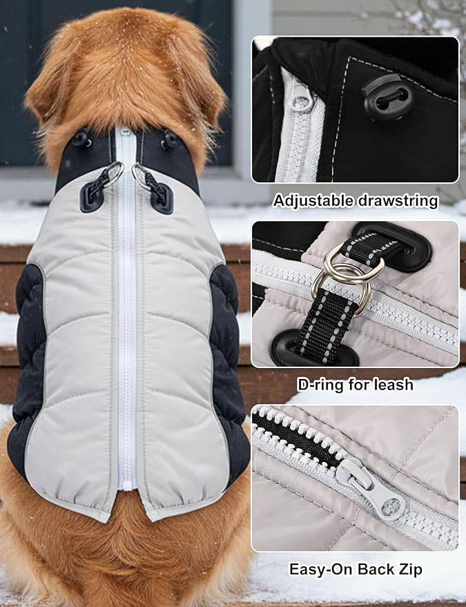 AURUZA Dog Coat, Warm Dog Winter Coat Waterproof Small Dogs Jacket with Harness Built Reflective Pet Vest with Zipper for Medium Dogs Windproof Pet Fleece Vest Snow Jacket for Cold Weather（Black,XXL）