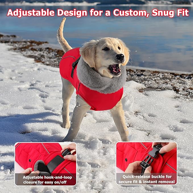 Dogcheer Dog Coat with Pocket, Waterproof Dog Jacket with Adjustable Buckle, Reflective Puppy Winter Coat Warm Turtleneck Fleece SnowJacket for Small Medium Large Dogs - Red 2XL