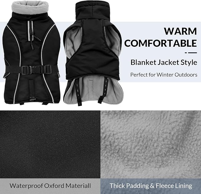 Queenmore Winter Dog Coat Warm Dog Jacket Vest Waterproof Puffer Fleece Snowsuit Adjustable Buckle Leash Hole Reflective Cold Weather Parka for Small Medium Large Dogs Girl Boy Black L