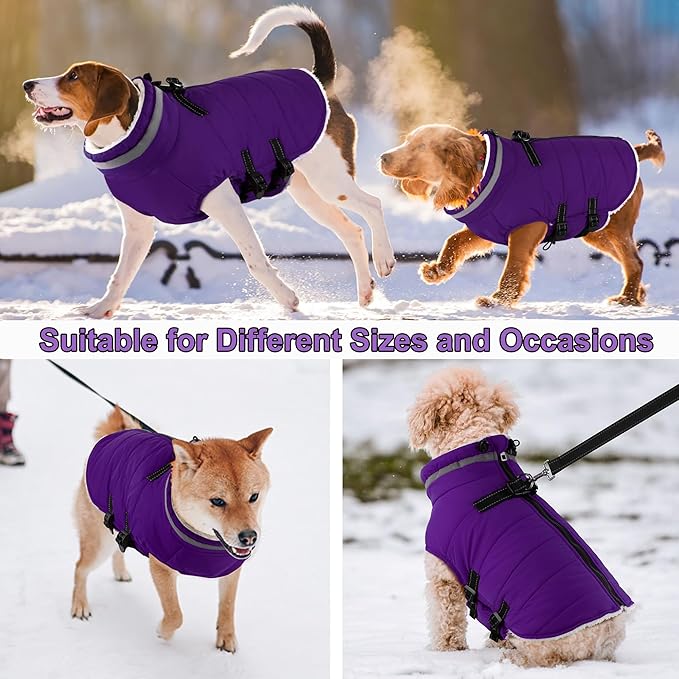 Dogcheer Dog Coat with Harness, Waterproof Dog Jacket Adjustable Pet Winter Coat with Zipper, Christmas Puppy Snow Jacket Fleece Sweater for Small Medium Large Dogs - Purple L