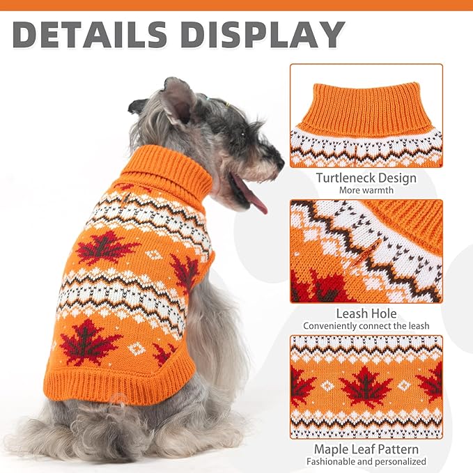 KOOLTAIL Cable Knit Dog Sweater Turtleneck, Cold Weather Pullover Classic Knitwear, Thick Warm Winter Pet Clothes, Fall Maple Leaves Thanksgiving Dog Sweater for Small Medium Large Dogs Cats,Orange SM