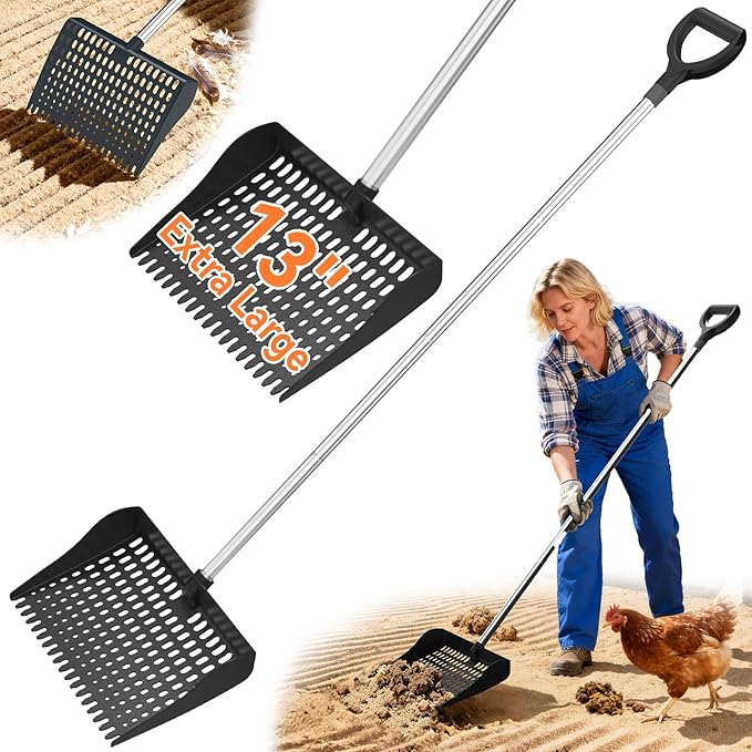 Chicken Poop Scooper & Rake 2-in-1, Pooper Scooper with 13in Wider PP Head & Adjustable Stainless Steel Handle, 33''-69'' Sand Sifting Shovel Litter Scooper for Chicken Coop/Small Farm Animals, Black