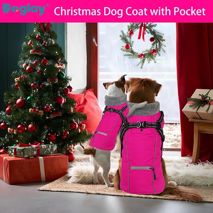 Doglay 2 in 1 Dog Coat with Harness Built-in, Waterproof Dog Winter Jacket with Pocket & Poop Bags, Reflective Adjustable Pet Winter Coat for Small, Medium, Large Dogs