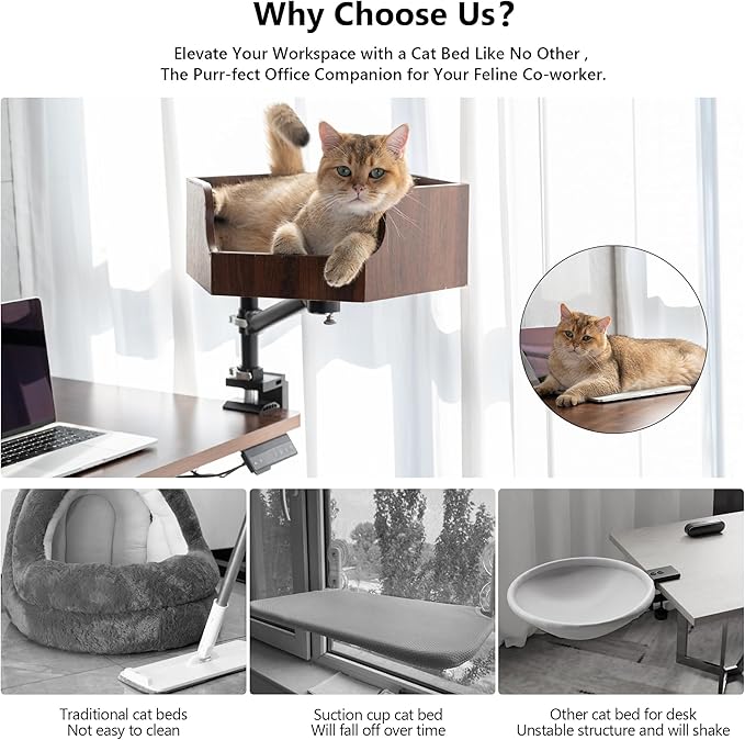 Adjustable Cat Desk Bed with Dual-Protection Locking & 360° Rotation - Super Sturd Space-Saving Perch, Easy Install Modern Design - Supports 28lbs (Walnut/Aluminum Surface)