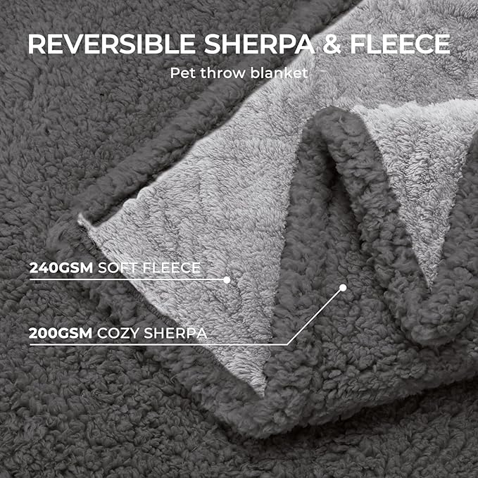 Waterproof Pet Blanket, Liquid Pee Proof Dog Blanket for Sofa Bed Couch, Reversible Sherpa Fleece Furniture Protector Cover for Small Medium Large Dogs Cats, Light Grey Queen Size（90" x 82"）