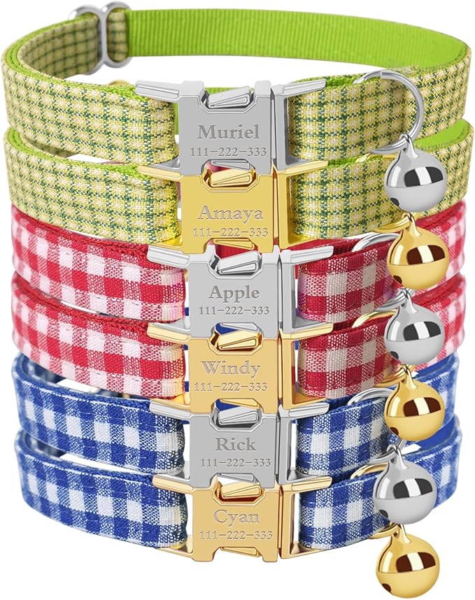 Personalized Cat Collar with Name Plate,Adjustable Tough Nylon Cat ID Collars with Bell,Customize Engraved Pet Name and Phone Number (Plaid Style C)