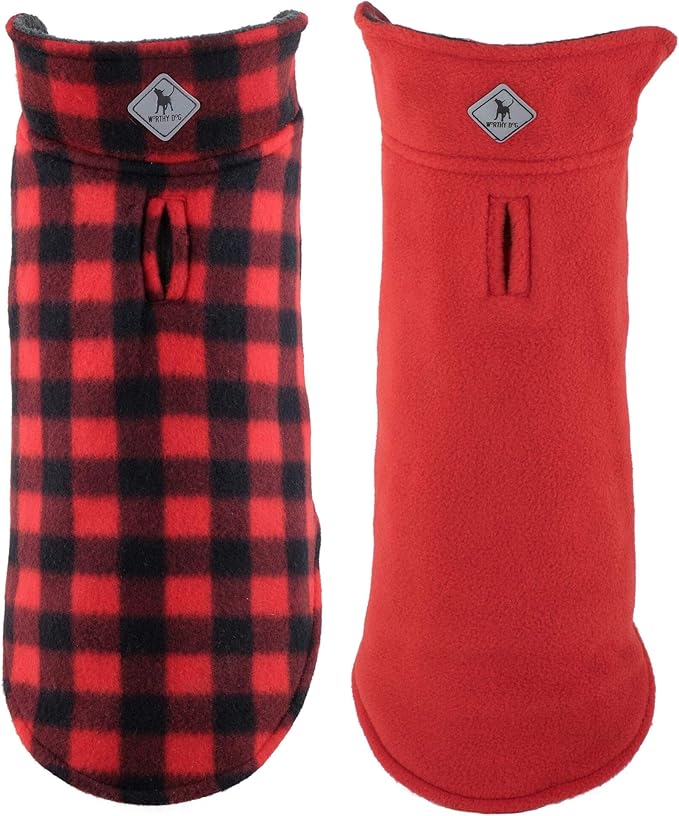 The Worthy Dog Fargo Fleece Buffalo Dog Jacket, Adjustable Reversible with Harness Hole, Wind-Resistant, Winter Outdoor Clothes for Pets, Red - 26''