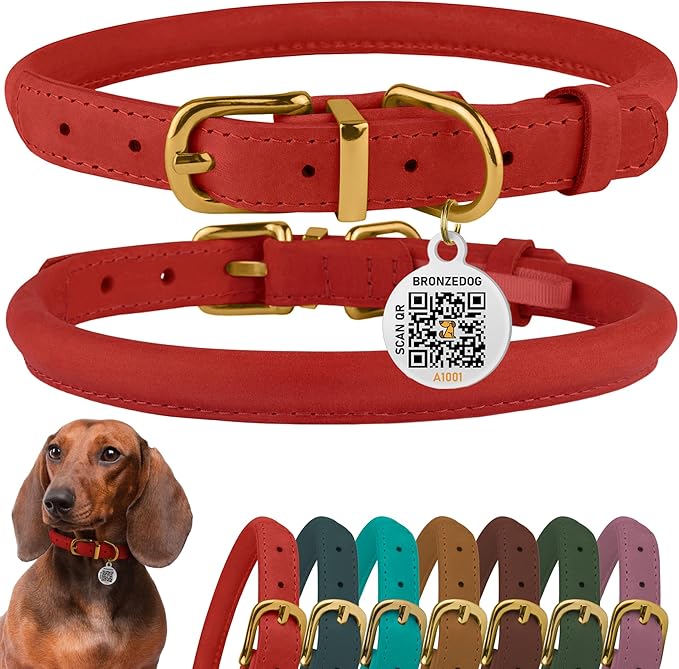 BronzeDog Rolled Leather Dog Collar with QR ID Tag, Adjustable Soft Round Collars for Small Medium Large Dogs Puppy (7" - 10" Neck Size, Classic Red)