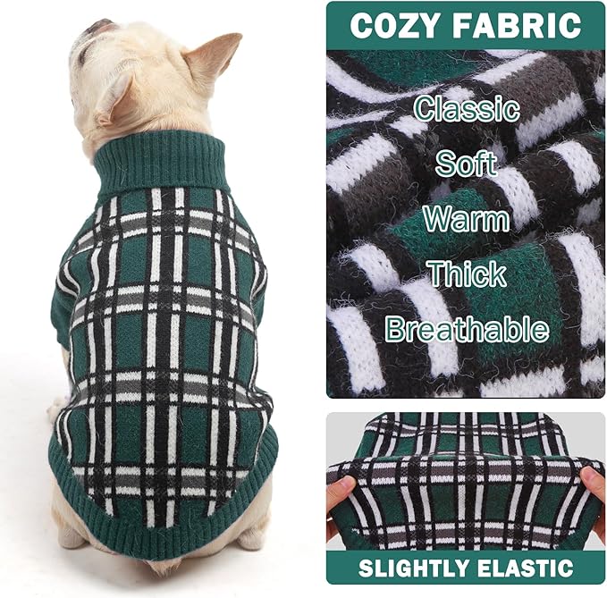 SCENEREAL Turtleneck Dog Sweater for Small Medium Large Dogs Girls Boys, Christmas Plaid Pullover Puppy Sweatershirt, Dogs Cold Weather Outfit Clothes, Ideal Gift for Pet in New Year, Green Plaid ML