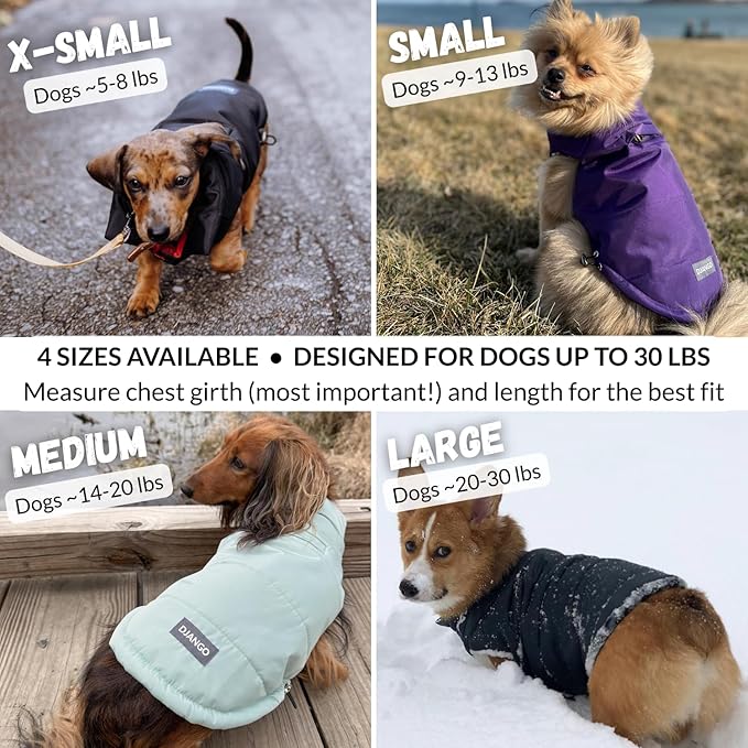 DJANGO Puffer Dog Coat – Warm Winter Dog Jacket & Water-Repellent Insulated Puffer Vest with Striped Lining, Harness Hole, Adjustable Fit for Small & Medium Dogs, Dachshunds – Rose Petal Pink, X-Small