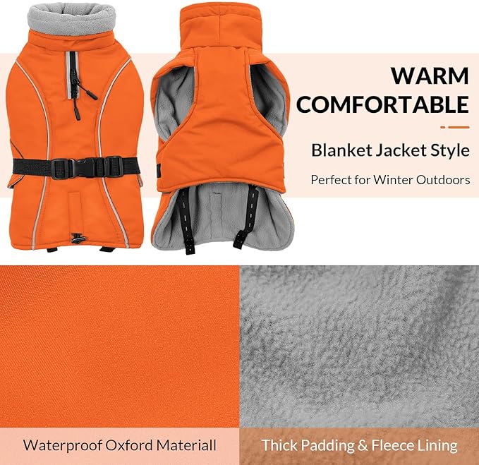 Queenmore Winter Dog Coat Warm Dog Jacket Vest Waterproof Puffer Fleece Snowsuit Adjustable Buckle Leash Hole Reflective Cold Weather Parka for Small Medium Large Dogs Girl Boy Orange L