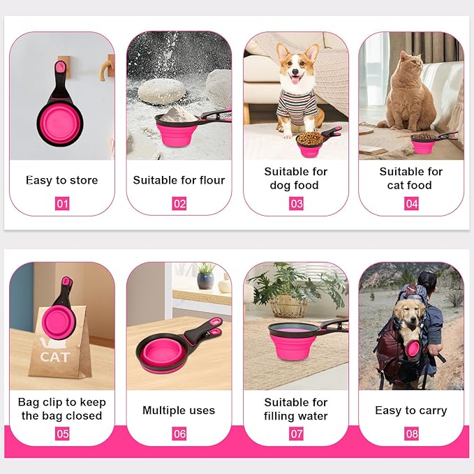 Collapsible Silicone Dog Food Scoop Foldable Pet Food Measuring Cup with Bag Clip 3 in 1 Multi-Function Silicone Dog Food Scooper (Rose Red, Medium)
