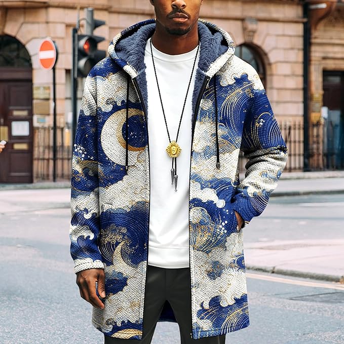 Mens Long Cardigan Hoodies Full Zip Fleece Lined Jackets Fashion Knitted Color Block Hooded Coat with Pockets