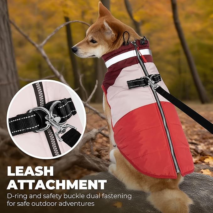Dog Coat, Waterproof Dog Winter Coats for Small Dogs, Reflective Dogs Jacket with Harness Built in, Zip-up Cold Weather Coats Pet Vest Turtleneck Doggy Snowsuit, Red Medium