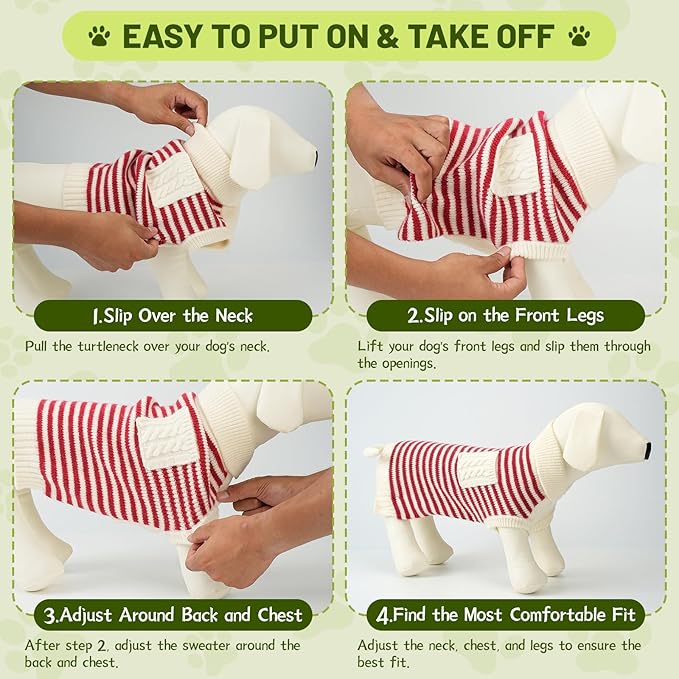 Small Dog Sweater, Knitted Striped Pullover Dog Clothes for Cold Weather, Thick Warm Cozy Stretchy Sweater for Chihuahua, Bulldog, Dachshund, Pug(Red & White Strip, L)