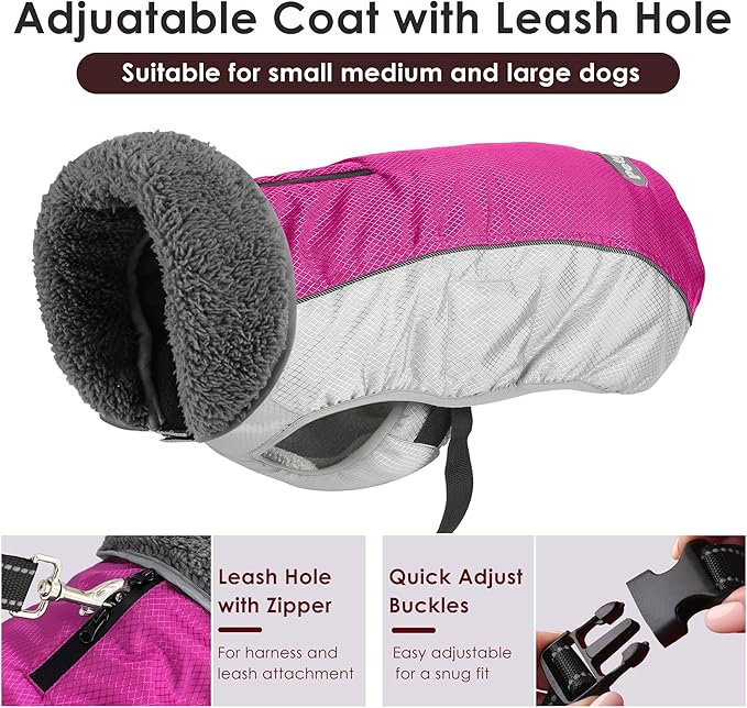 Dog Coat, Waterproof Ripstop Dog Winter Jacket with Leash Hole, Reflective Adjustable Warm Pet Fleece Snow Sweater for Small Medium Large Dogs - Rosy Red, 3XL