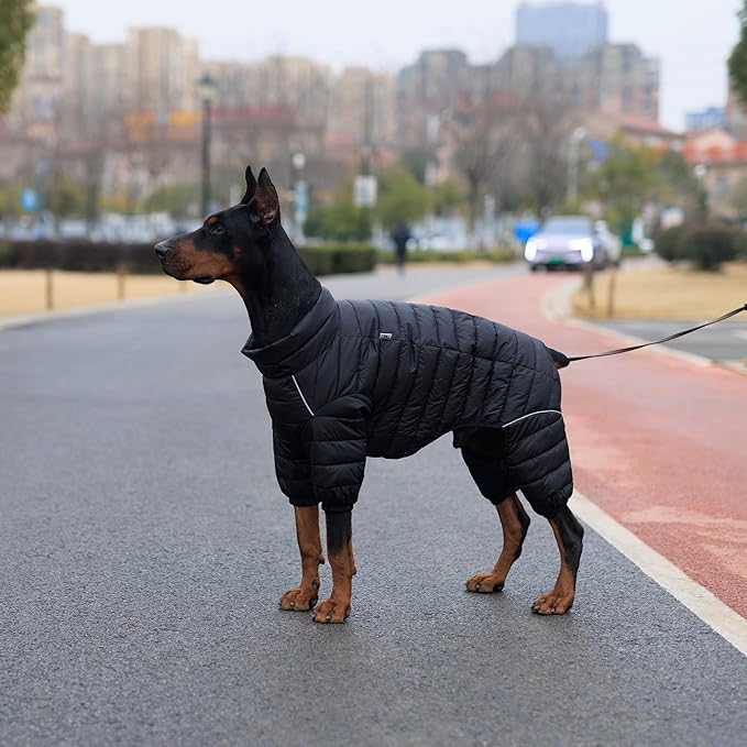 Lovelonglong Dog Coat Dog Warm Jacket, 4 Legs Covered Waterproof Windproof Reflective Warm Dog Vest, Zippered Adjustable Outdoor Dog Snow Jacket for Small Medium Large Dogs Black XL