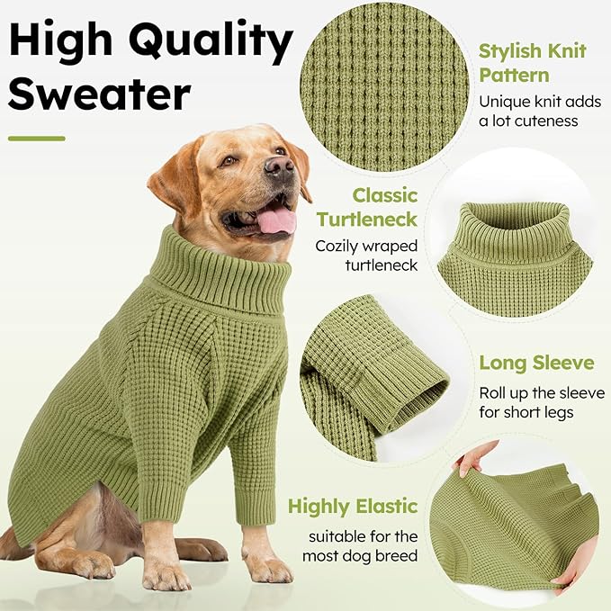 Queenmore Waffle Knit Small Dog Sweater, Long Sleeve Doggie Fall Sweater, Turtleneck Sweaters for Small Breeds, Samll Puppy Sweaters, Green S